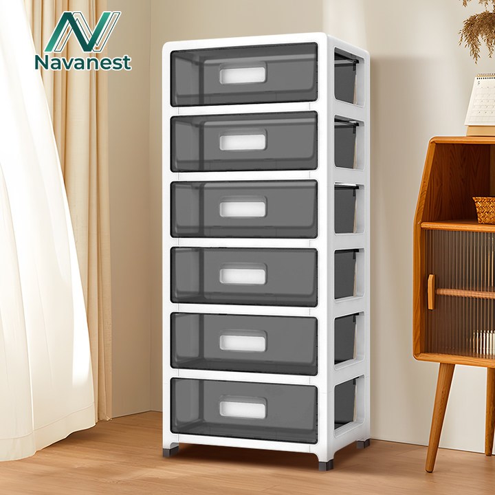 Navanest เพิ่มหนาตู้ลิ้นชักพลาสติก 5/4/3 ตู้เก็บของแบบใสลิ้นชักเอนกประสงค์ มีล้อ ป้องกันฝุ่นและโปร่ง
