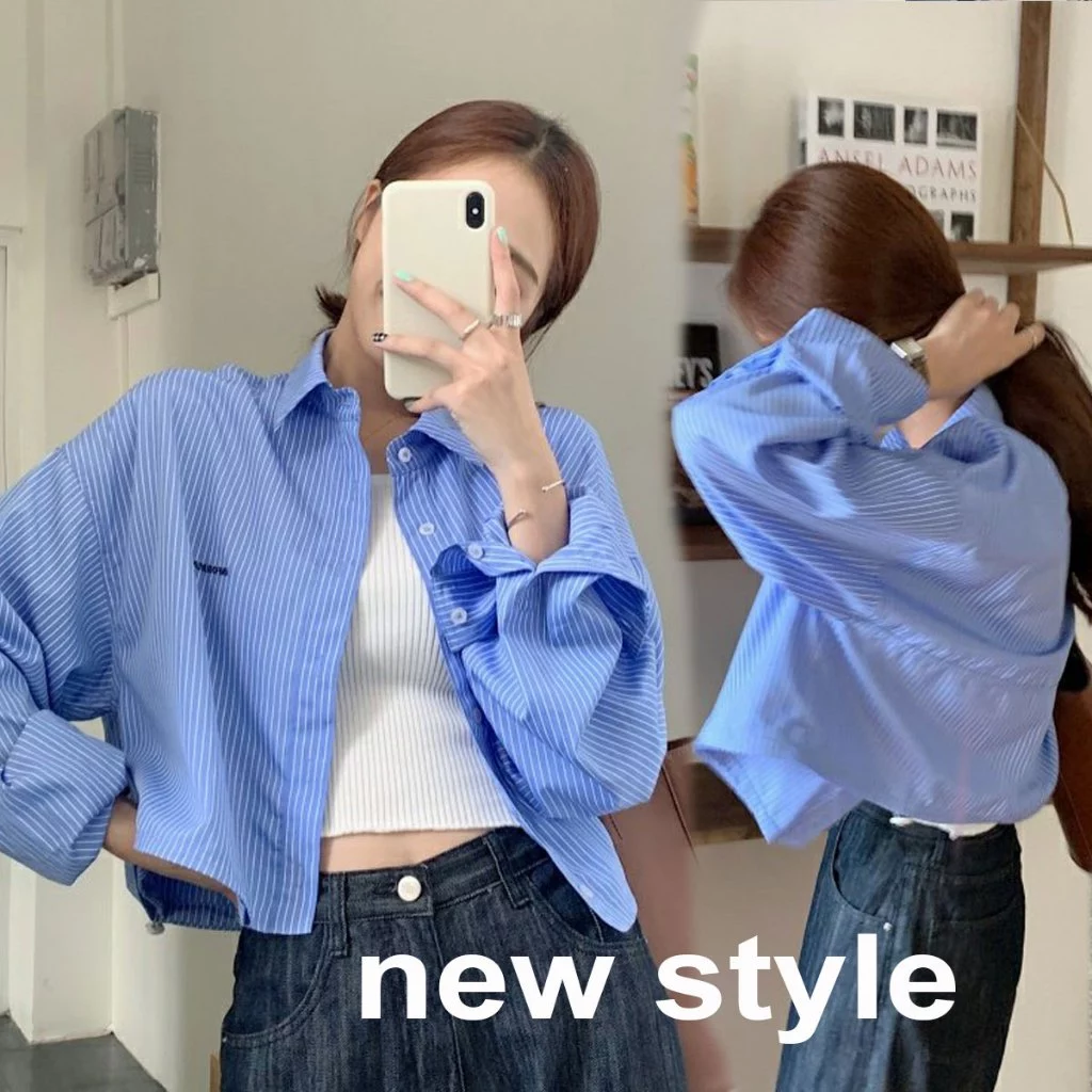 Dahong เสื้อเชิ้ตลายทางแขนสั้น เสื้อเชิ้ตเเขนยาว ผู้หญิง ปักลาย ทรงหลวม สีสวย น่ารักสดใส w521