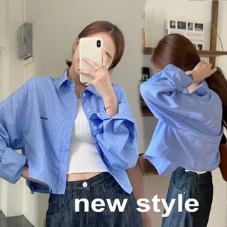 Dahong เสื้อเชิ้ตลายทางแขนสั้น เสื้อเชิ้ตเเขนยาว ผู้หญิง ปักลาย ทรงหลวม สีสวย น่ารักสดใส w521