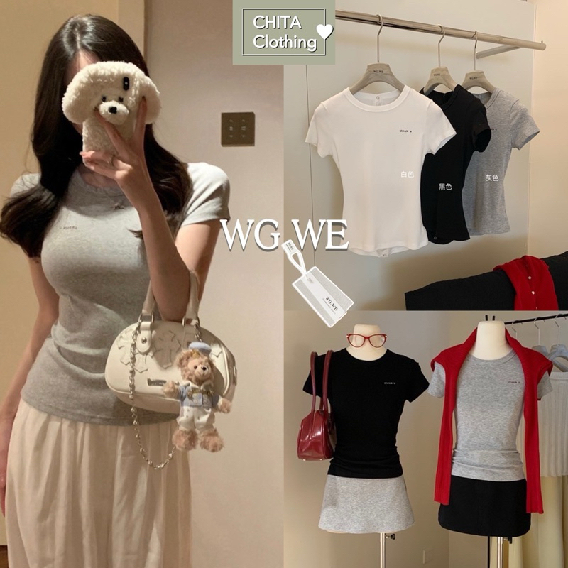 3446# เสื้อแขนสั้นคอกลม ปักลาย ช่วงอก เนื้อผ้าดี ทรงสวย ใส่สบาย TAG:WG.WE