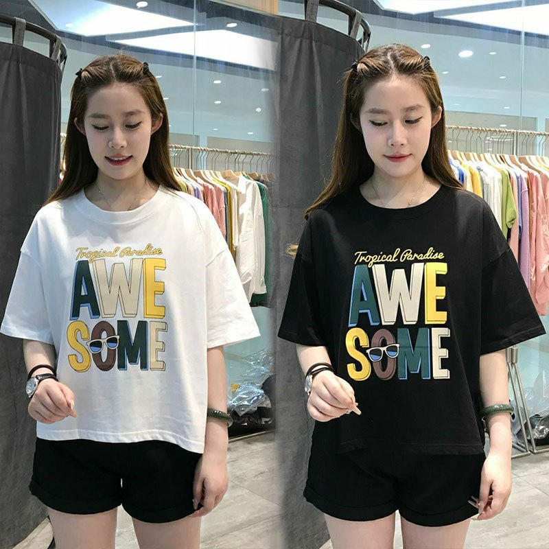 เสื้อครอปแขนสั้นผู้หญิงที่กําลังฮิต oversize เสื้อผ้าสาวอวบอ้วนไซส์ใหญ่ แฟชั่น สไตล์เกาหลี เสื้อยืดพิมพ์ลายการ์ตูนน่ารัก
