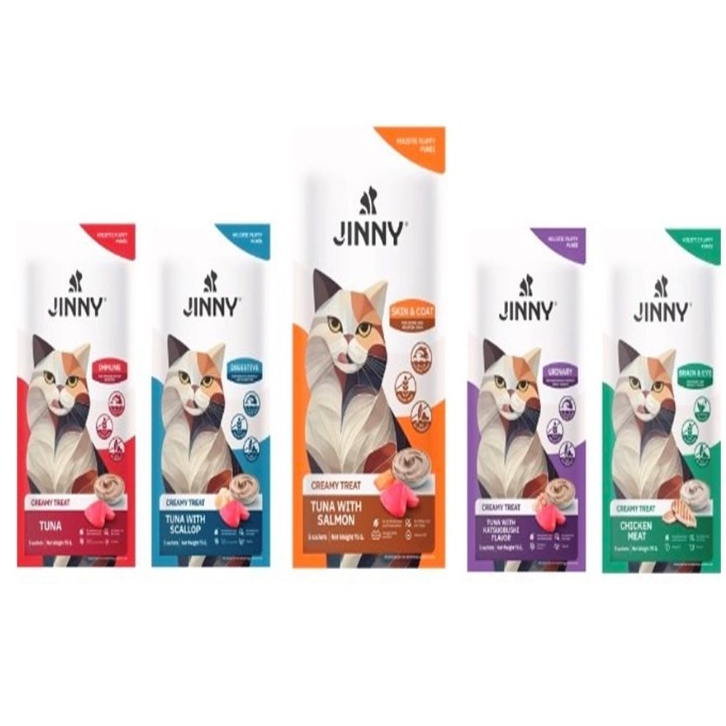 ขนมแมวเลีย Jinny 1แพ็ค20ซอง เกรด Holistic ไม่เติมเกลือและน้ำตาล ผลิตจากเนื้อปลาทูน่าเนื้อขาวและเนื้อไก่อนามัย