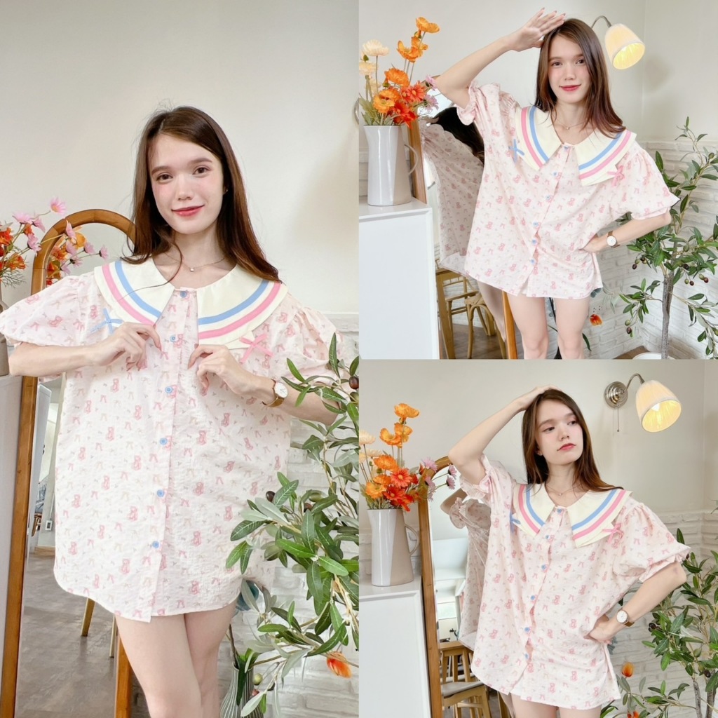 อก48" Bearly Sweet เสื้อเชิ้ตแขนสั้นผ้าพิมพ์ลายหมีสุดคิ้วท์! แต่งกุ้นปกสลับสีเพิ่มดีเทลเก๋ ๆ พร้อมโบว์ผูกปลายปก-2465