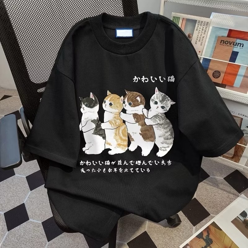 NEW เสื้อยืดคอกลมแขนสั้น วินเทจ ลายแมวน่ารัก ผ้านิ่มใส่สบาย ES400
