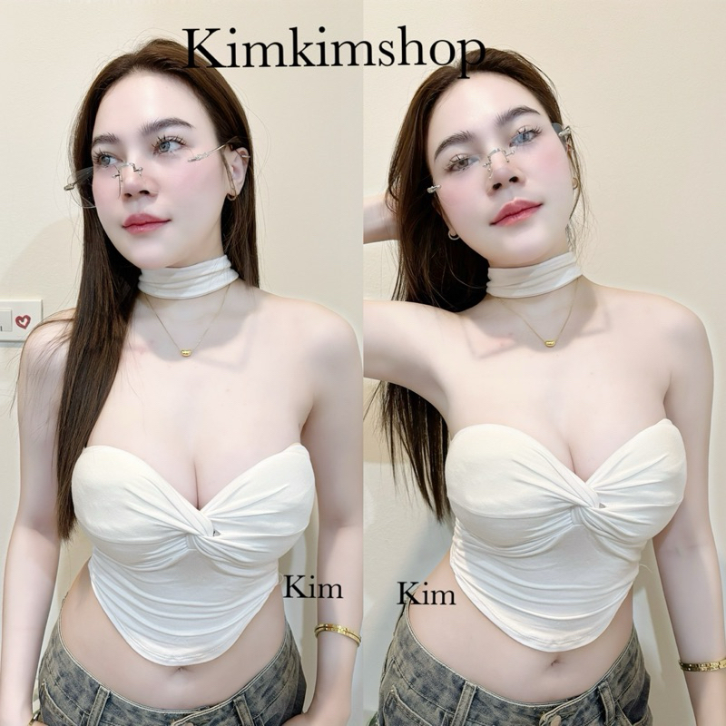 เสื้อครอปเกาะอกคล้องคอ หยุมอกเสริมฟองน้ำ LB02