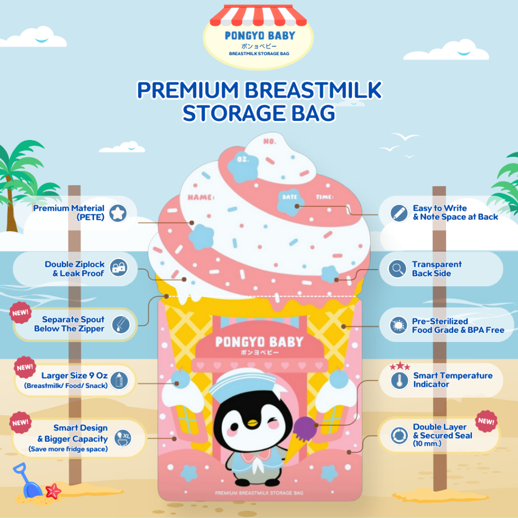 Pongyo Baby ถุงเก็บน้ำนม 1 กล่อง 9 Oz บรรจุ 30 ถุง/กล่อง ถุงเก็บน้ำนมแม่ Breastmilk Storage