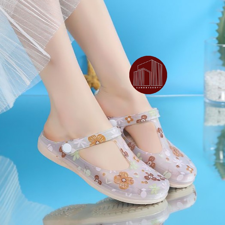 รองเท้าแบบสวม รัดส้น รองเท้าเจลลี่ ยางนิ่ม ใส่สบาย สีพาสเทลสกรีนลาย - รูปที่ 2