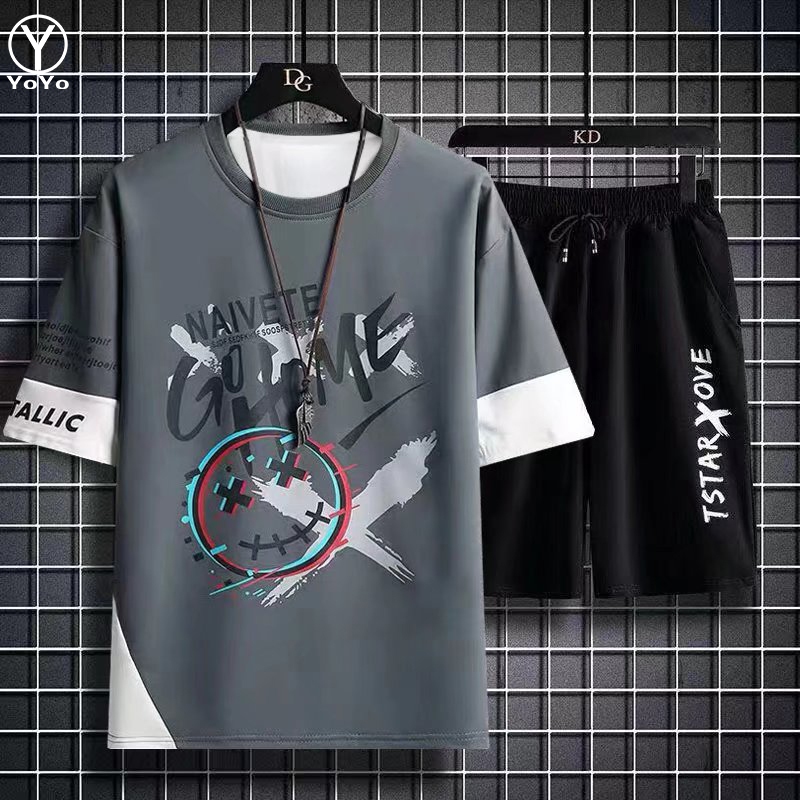 YOYO ชุดแฟชั่นชายเสื้อยืดแขนสั้น + กางเกงขาสั้น ผ้าแห้งเร็วหลวมชุดกีฬาและชุดพักผ่อน รุ่น2803