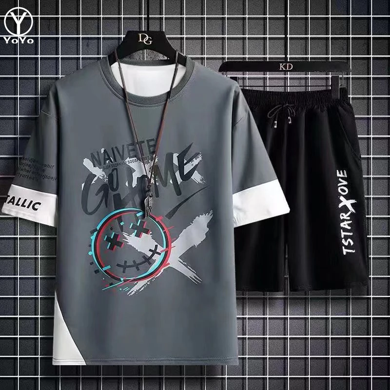 YOYO ชุดแฟชั่นชายเสื้อยืดแขนสั้น + กางเกงขาสั้น ผ้าแห้งเร็วหลวมชุดกีฬาและชุดพักผ่อน รุ่น2803