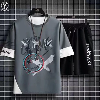 YOYO ชุดแฟชั่นชายเสื้อยืดแขนสั้น + กางเกงขาสั้น ผ้าแห้งเร็วหลวมชุดกีฬาและชุดพักผ่อน รุ่น2803