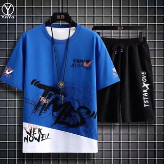 YOYO ชุดแฟชั่นชายเสื้อยืดแขนสั้น + กางเกงขาสั้น ผ้าแห้งเร็วหลวมชุดกีฬาและชุดพักผ่อน รุ่น2804