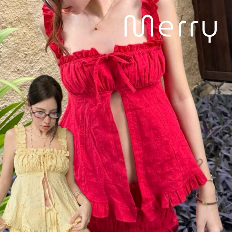งานป้าย suwimol เสื้อสายเดี่ยวระบายโอลีน อกระบาย ผูกโบว์หน้า Merry
