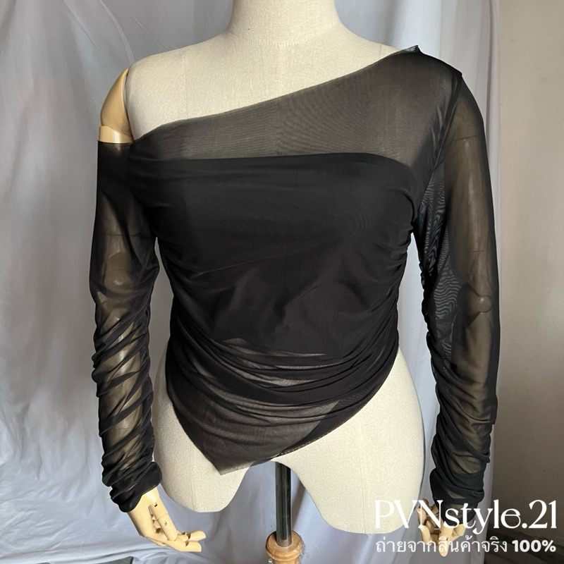 (ไซส์ใหญ่) เสื้อปาดไหล่แขนยาวผ้าชีฟองมีเกาะอกซับใน อก 38-54 - รูปที่ 6