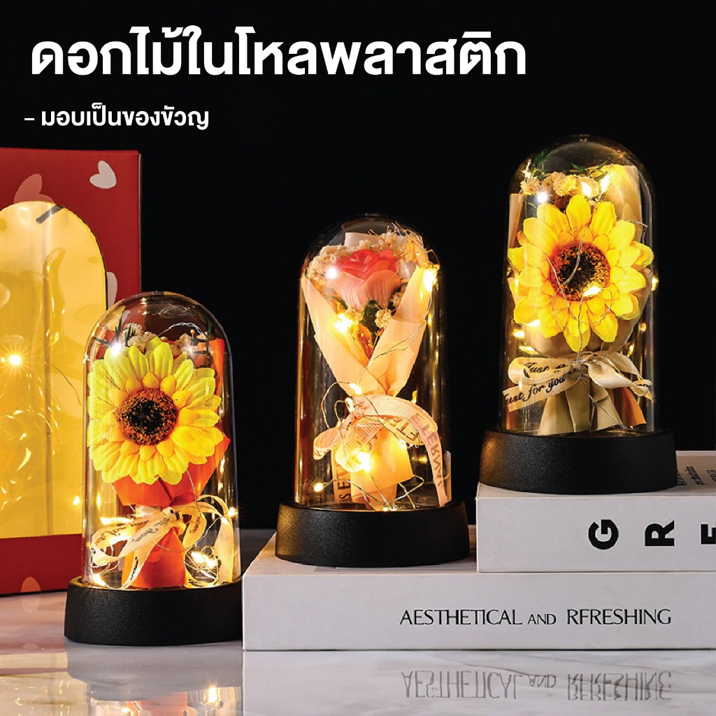 กุหลาบ ในโหลพลาสติก มีไฟ ดอกกุหลาบ กุหลาบสบู่ ของขวัญวาเลนไทน์ กุหลาบตั้งโต๊ะ กุหลาบวาเลนไทน์ ของขวัญ