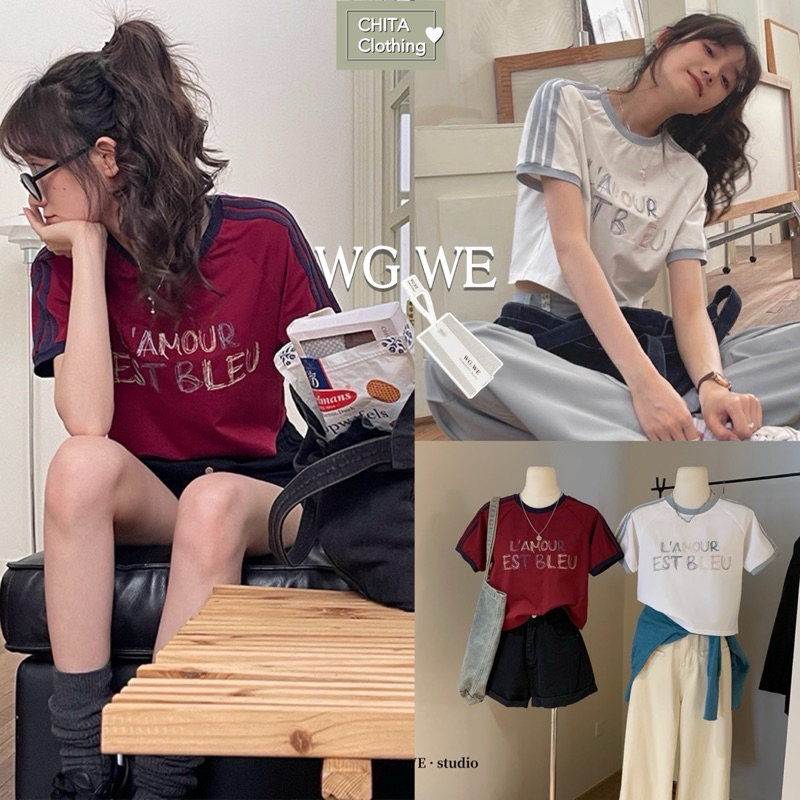 3561# เสื้อคอกลมแขนสั้น ปักลายช่วงอก เนื้อผ้ายืดหยุ่นได้เยอะ TAG:WG.WE