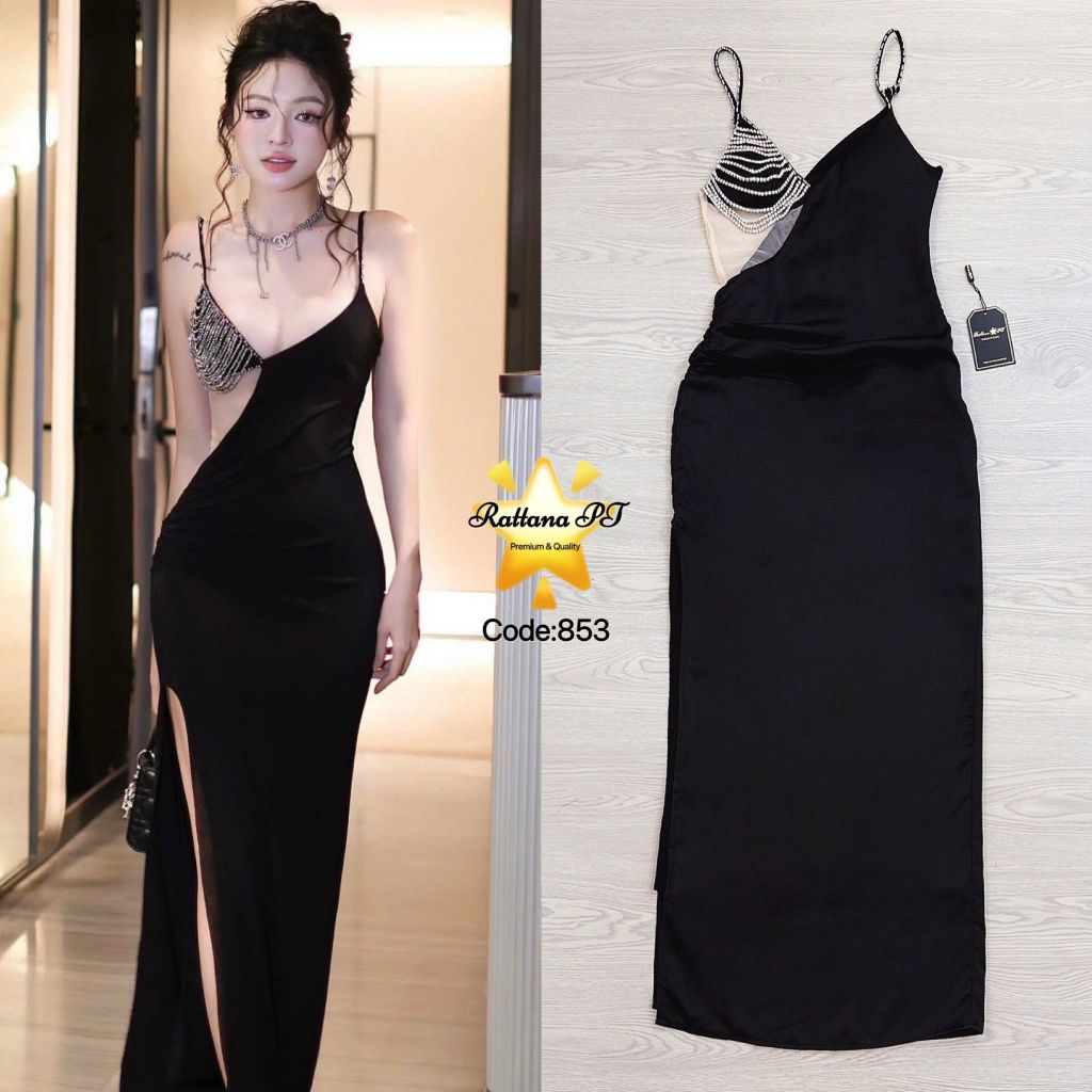 Rattana เดรสยาวแต่งเพชรชายกระโปรงผ่า-BLACK(*สอบถามสต๊อกก่อนกดสั่งน๊า)
