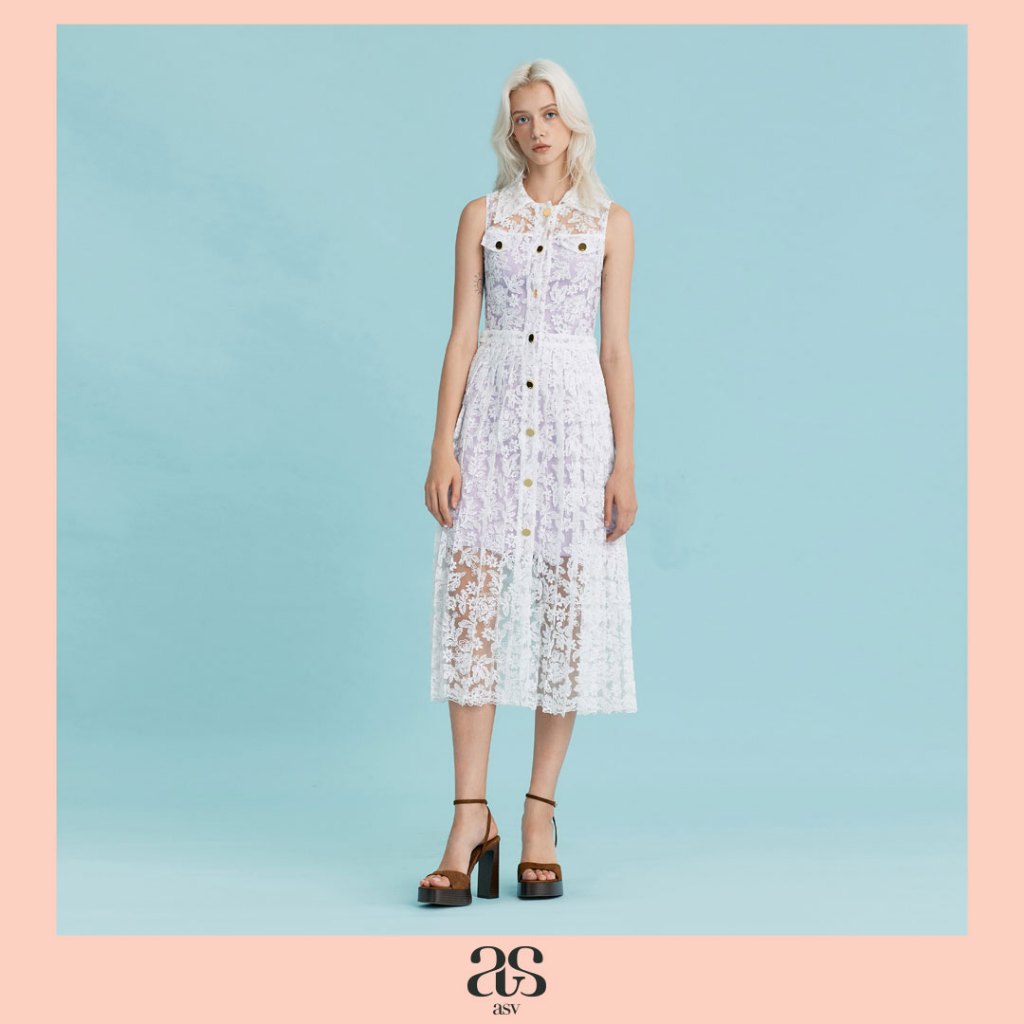 [asv rs25] Lumi Sleeveless Lace Dress เดรสผู้หญิง ทรงเอ แขนกุด แต่งดีเทลอัดพลีท กระดุมหน้า ผ้าลูกไม้