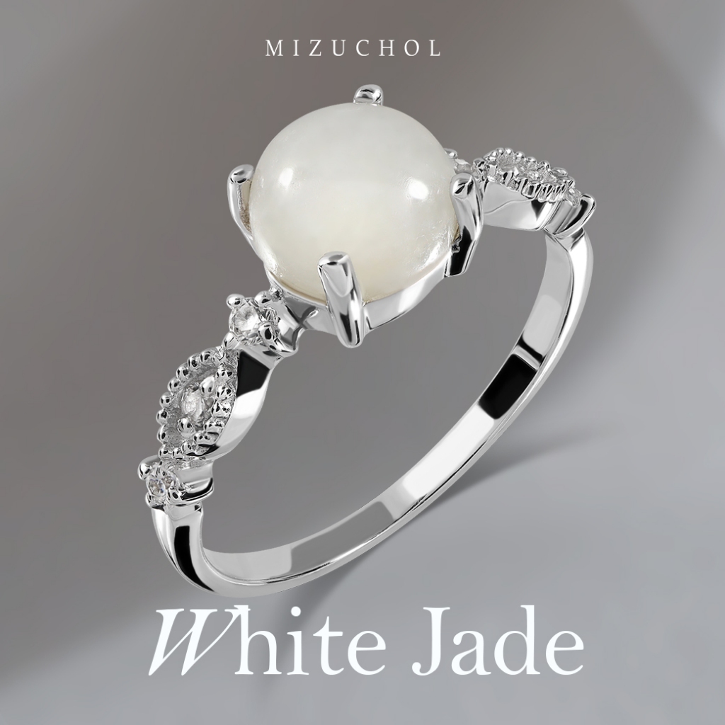Mizuchol แหวนเงินแท้ชุบทองคำขาว ประดับหยกขาว และพลอย White Topaz แท้ - White Valentine Ring