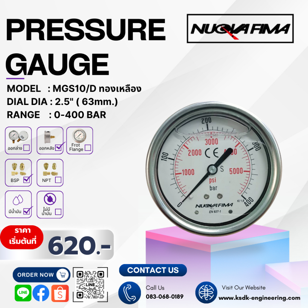 MGS10/D DS63 0-400 BAR BSP ออกหลัง/ไม่มีปีก/มีน้ำมัน