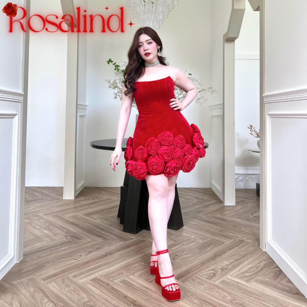 SEOULMATE ROSALIND #SM6429 เดรสเกาะอก ผ้ากำมะหยี่สุดหรูหรา กระโปรงทรงเอ ปลายกระโปรงตกแต่งด้วยดอกไม้handmade