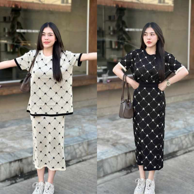 SpinnyHouse ชุดเซ็ต2ชิ้น เสื้อคอกลมแขนสั้น คู่กับกระโปรงทรงถ่วงยา ผ้าไหมพรมยืดเยอะมาก เรียบหรูดูแพง รุ่น เซตนิวจิ๋ว