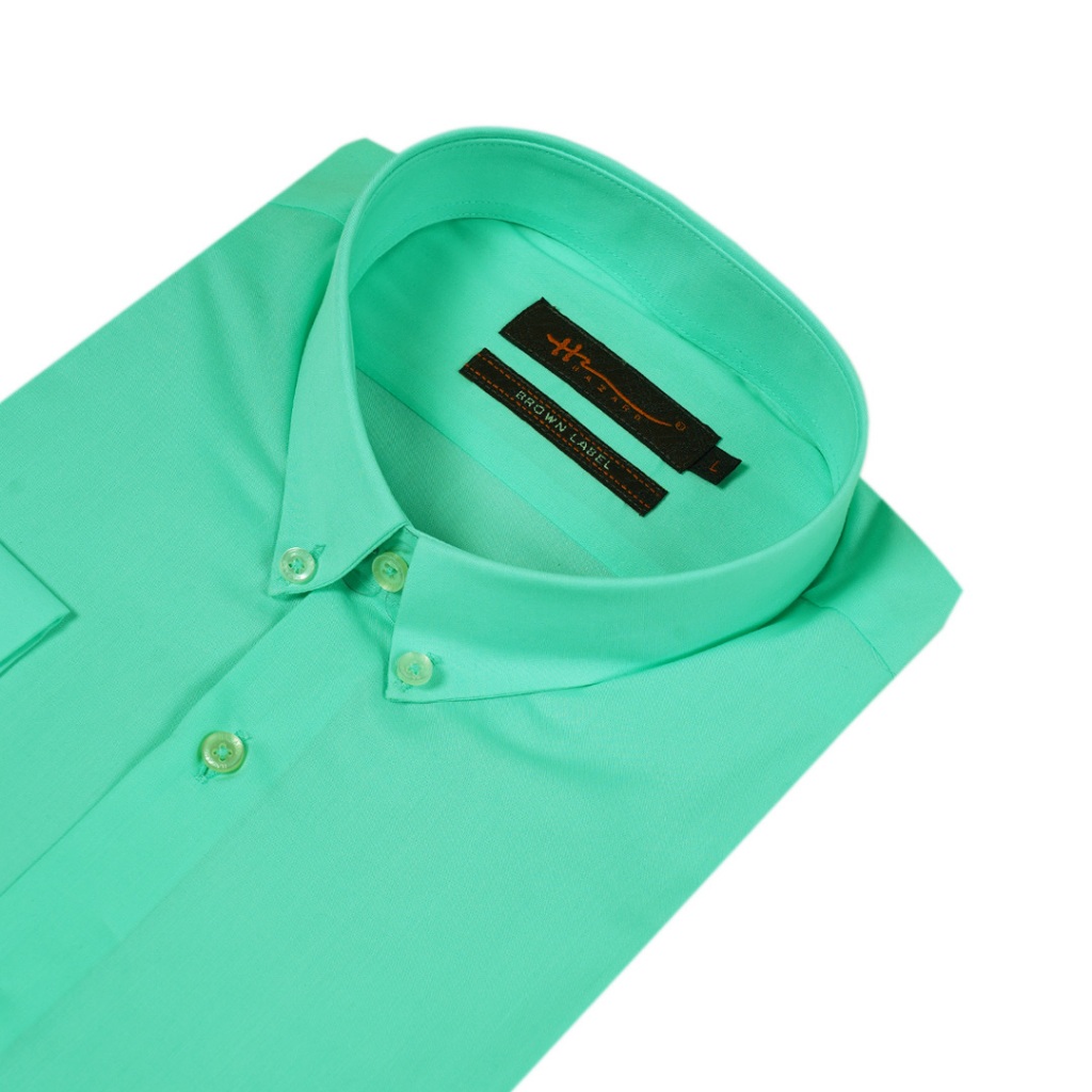 Hazard เสื้อเชิ้ตแขนยาวลายสีพื้น เนื้อผ้า cotton (คอตตอน) สีเขียวอ่อน