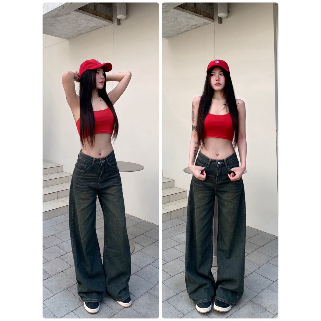 V3389 Baggy Jeans กางเกงยีนส์กระบอกใหญ่ เอวสูง ผ้ายีนส์ ไม่ยืด