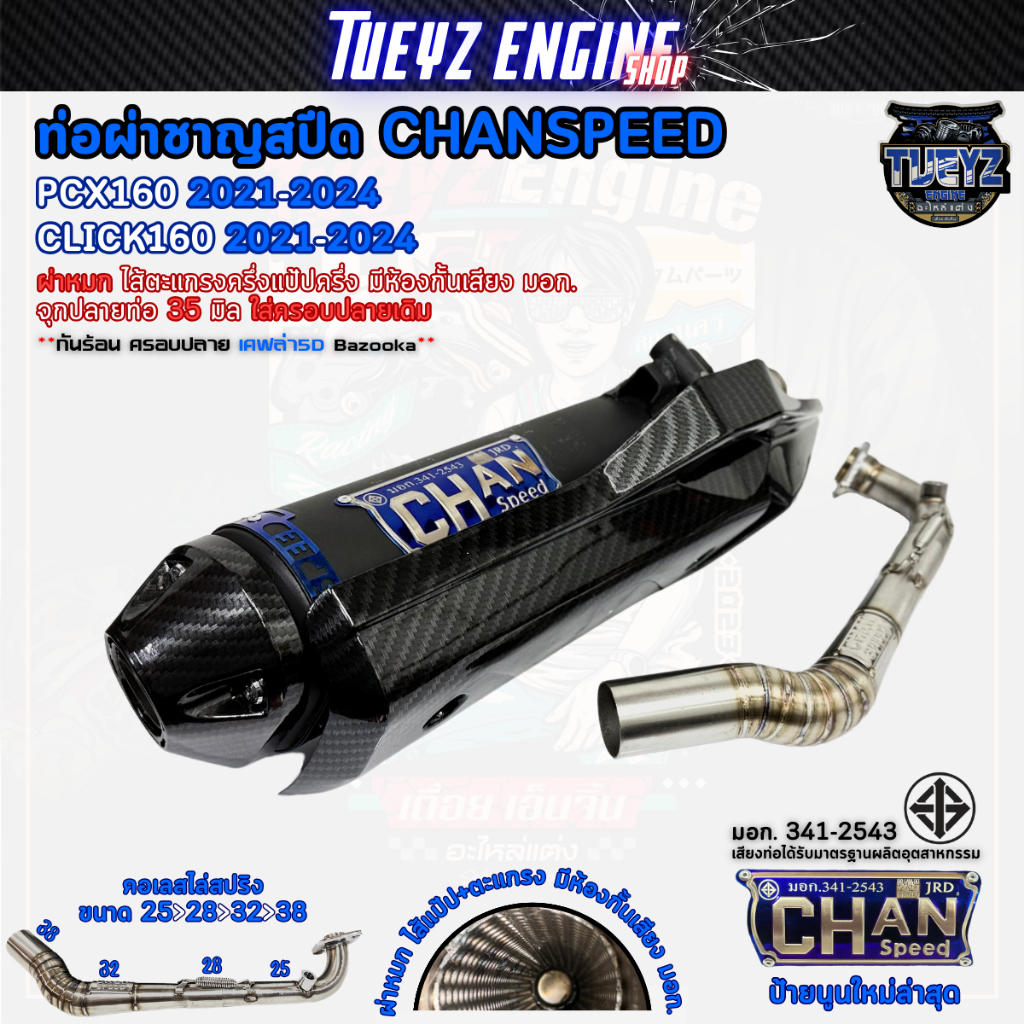 ท่อชาญสปีด PCX160/CLICK160 ปี2021-2025 ตรงรุ่น ผ่าหมก 2ระบบ พร้อมเซ็ตกันร้อนครอบปลายน็อตเลส เคฟล่า5D