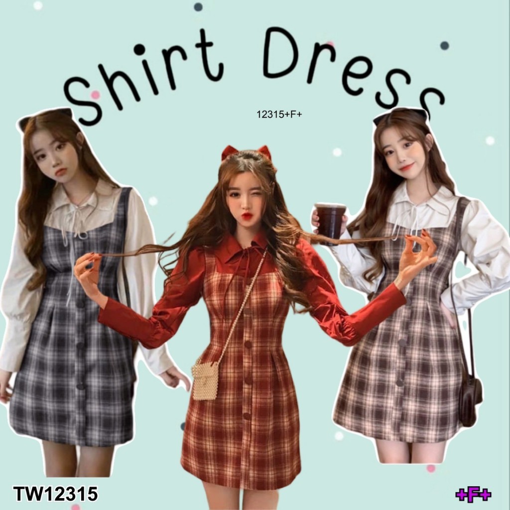 S12315 เดรสลายสก็อตแขนพอง ผูกเชือกโบว์ Plaid Dress with puff sleeves and bow tie พร้อมส่งในไทย