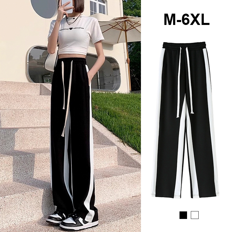 [พรอมสง] กางเกงวอรมขายาว แตงแถบสตรท ผาวาฟเฟล ทรงหลวม เอวสง ใสสบาย สาวอวบ M-6XL