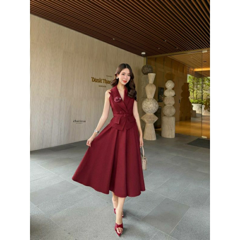 (S-XL)  CHARISSA 📣พร้อมส่งเซ็ทเสื้อแขนกุด+กระโปรงยาว+เข็มขัด+เข็มกลัดดอกไม้ทรงสวยเข้ารูปเนื้อผ้าอย่างดี - รูปที่ 7