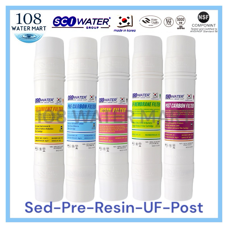 ชุดไส้กรอง 5 ชิ้น ยูเอฟ  ยี่ห้อ SCI water ขนาด 2.5“x11” Sediment  Pre Carbon Resin UF Post Carbon by