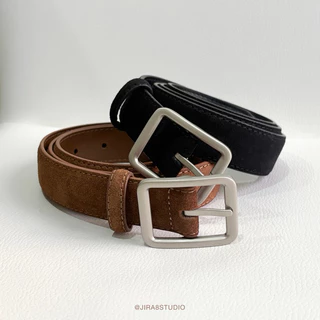 (ส่งจากไทย) Suede Silver เข็มขัดหนังกลับ หัวเหลี่ยมเงิน งานพรีเมียม (เอว24-32นิ้ว)