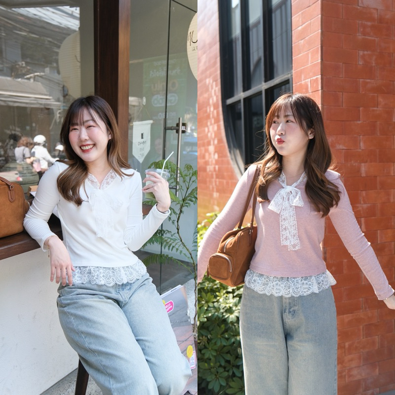 Chakiya.store เสื้อแขนยาวผ้าร่อง แต่งลูกไม้ผูกโบว์