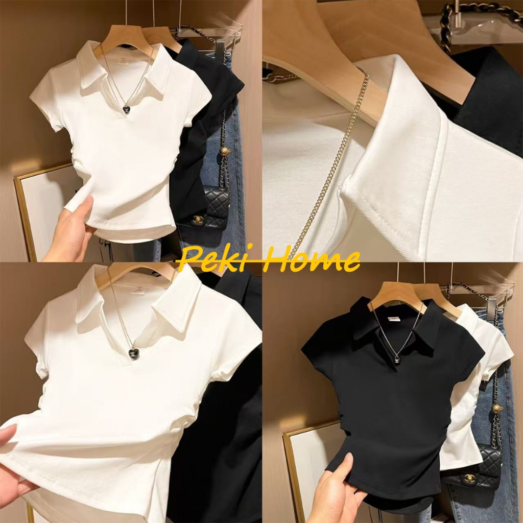 เสื้อโปโลแขนสั้นผู้หญิง สีขาว คอปก ทรงสวย เอวคอด