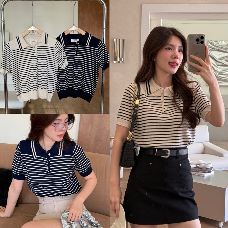 winter (G14)เสื้อคอโปโลแขนสั้นลายริ้ว