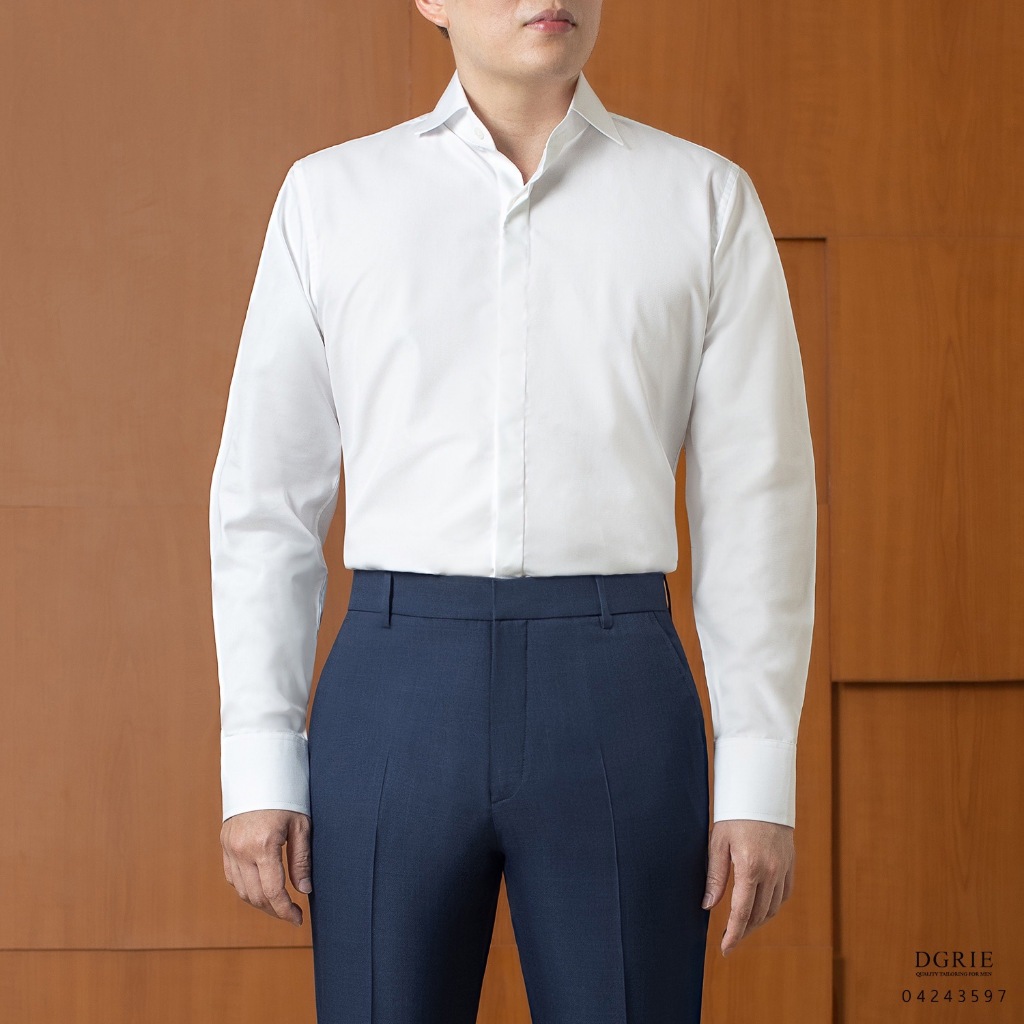 Cotton Twill Spread Collar 8cm White Hidden button Shirt - เชิ้ตสีขาวปกป้าน