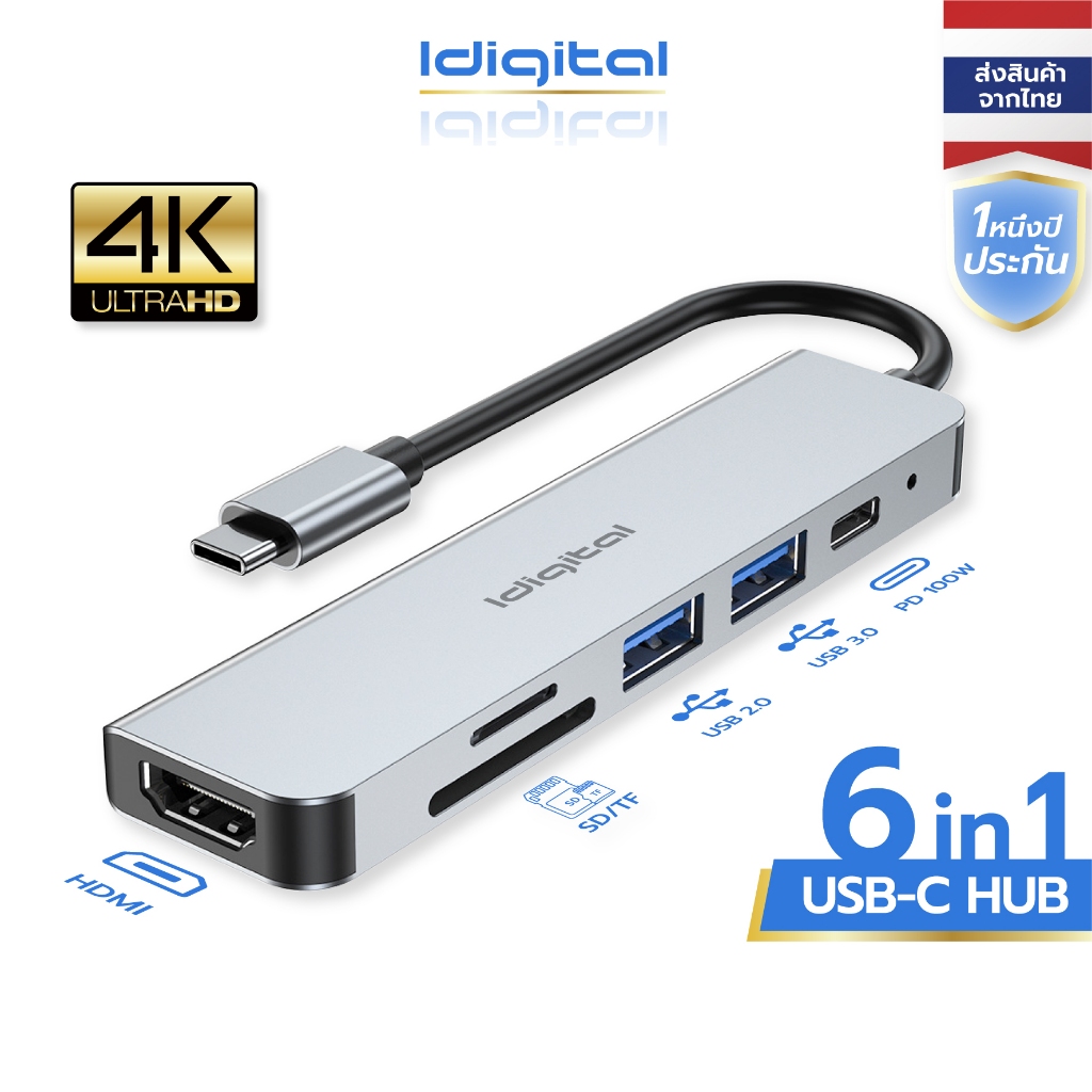 ⚡ส่งจาก กทม⚡Idigital Type C HUB อะแดปเตอร์ฮับ, USB3.0, HDMI 4K, 1000M RJ45,PD100, การ์ดรีดเดอร์ SD T