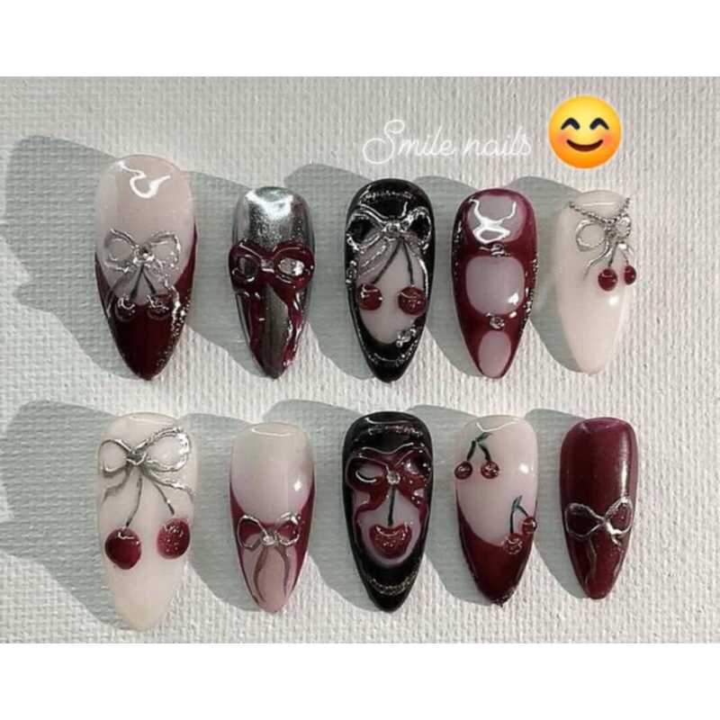 เล็บเจลสำเร็จรูปเชอรี่สีดำแดง ติดง่าย