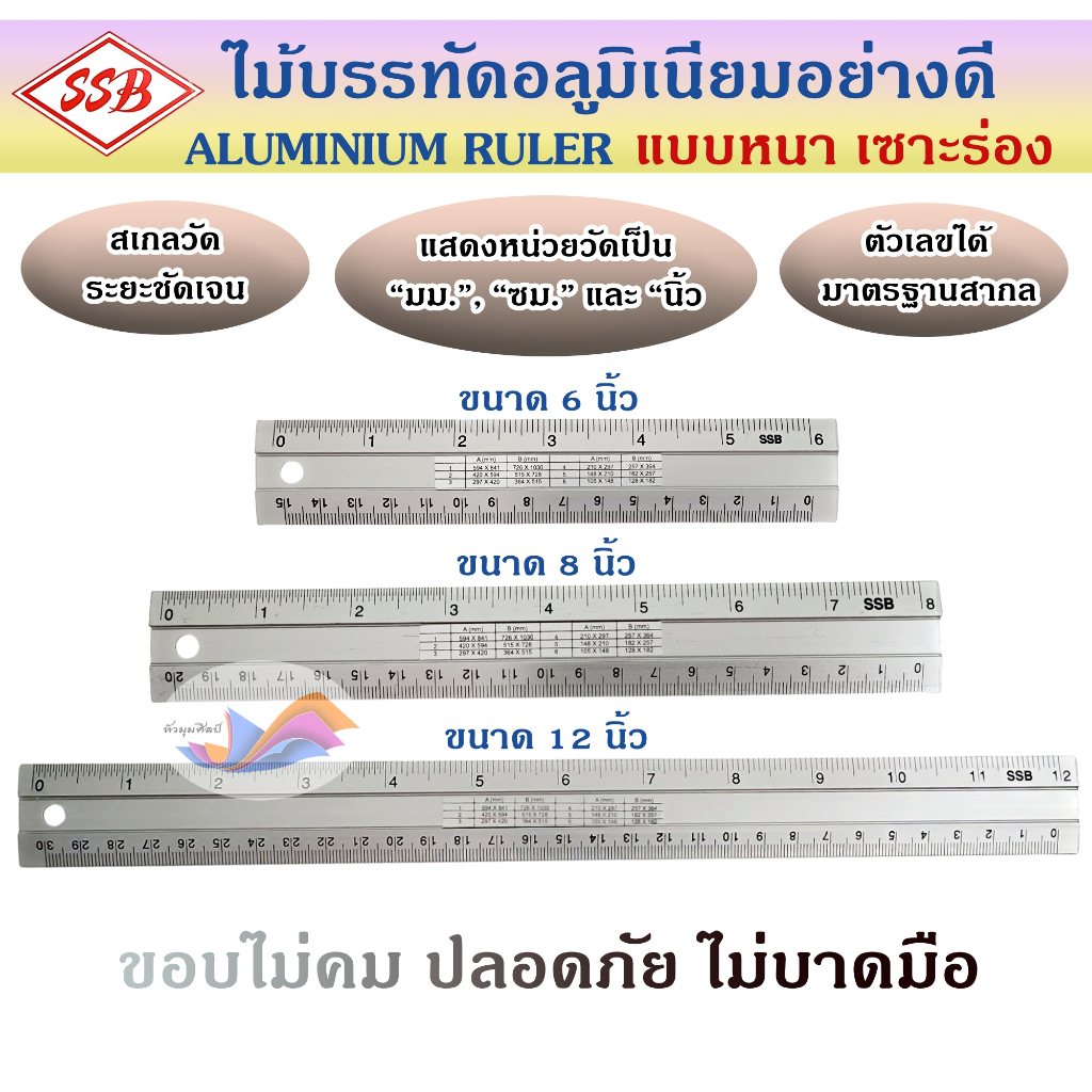 ไม้บรรทัด ไม้บรรทัดอลูมิเนียม ฟุตอลูมิเนียม แบบร่อง หนา อย่างดี SSB ขนาด 6 นิ้ว,8 นิ้ว,12 นิ้ว