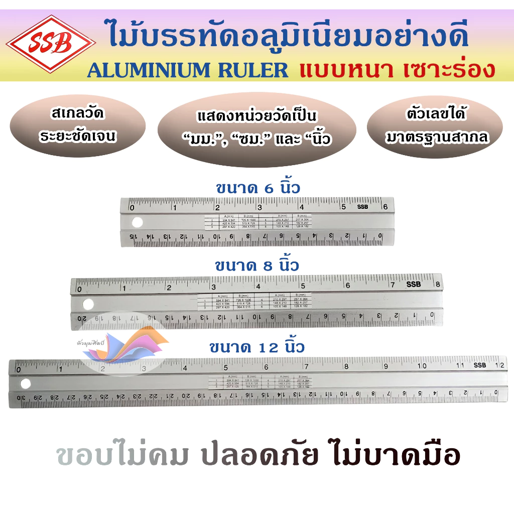 ไม้บรรทัด ไม้บรรทัดอลูมิเนียม ฟุตอลูมิเนียม แบบร่อง หนา อย่างดี SSB ขนาด 6 นิ้ว,8 นิ้ว,12 นิ้ว