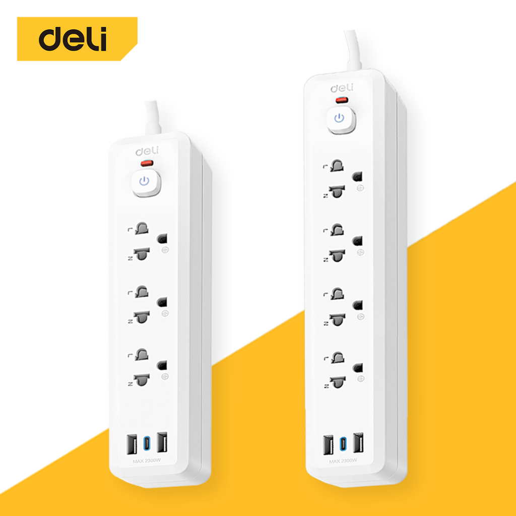 Deli ปลั๊กไฟ ปลั๊กUSB 2300W มีมอก. สวิตช์ปิด-เปิด ตัดไฟได้ สายยาว 3-5m รับประกันนาน 3ปี Power Socket