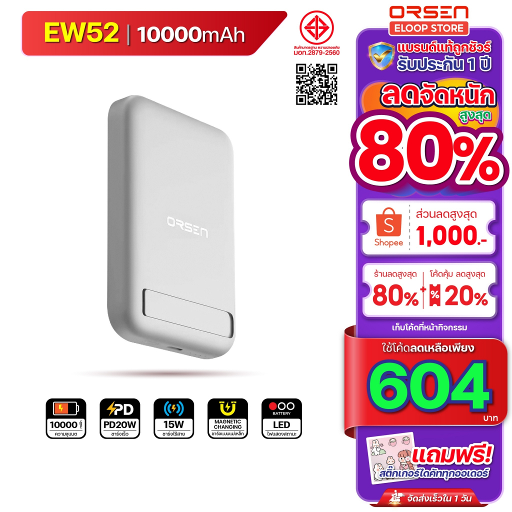 [543บ. โค้ดคุ้ม] Orsen Eloop Store EW52 สีขาว แบตสำรอง Magnetic แบตสำรองไร้สาย Wireless Charge