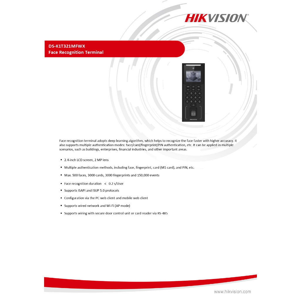 HIKVISION DS-K1T321MFWX เครื่องสแกนใบหน้า ลายนิ้วมือ และบัตรชุดควบคุมการเข้า-ออกประตู รับประกันสินค้า 3 ปี
