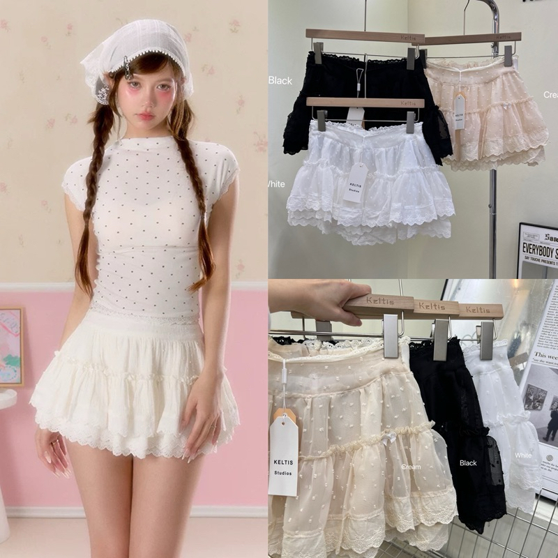 Gang_jeans#162(K)กระโปรงสั้นเอวสูง แต่งลูกไม้ มีซับใน เอวยางยืด ผู้หญิง พร้อมส่ง