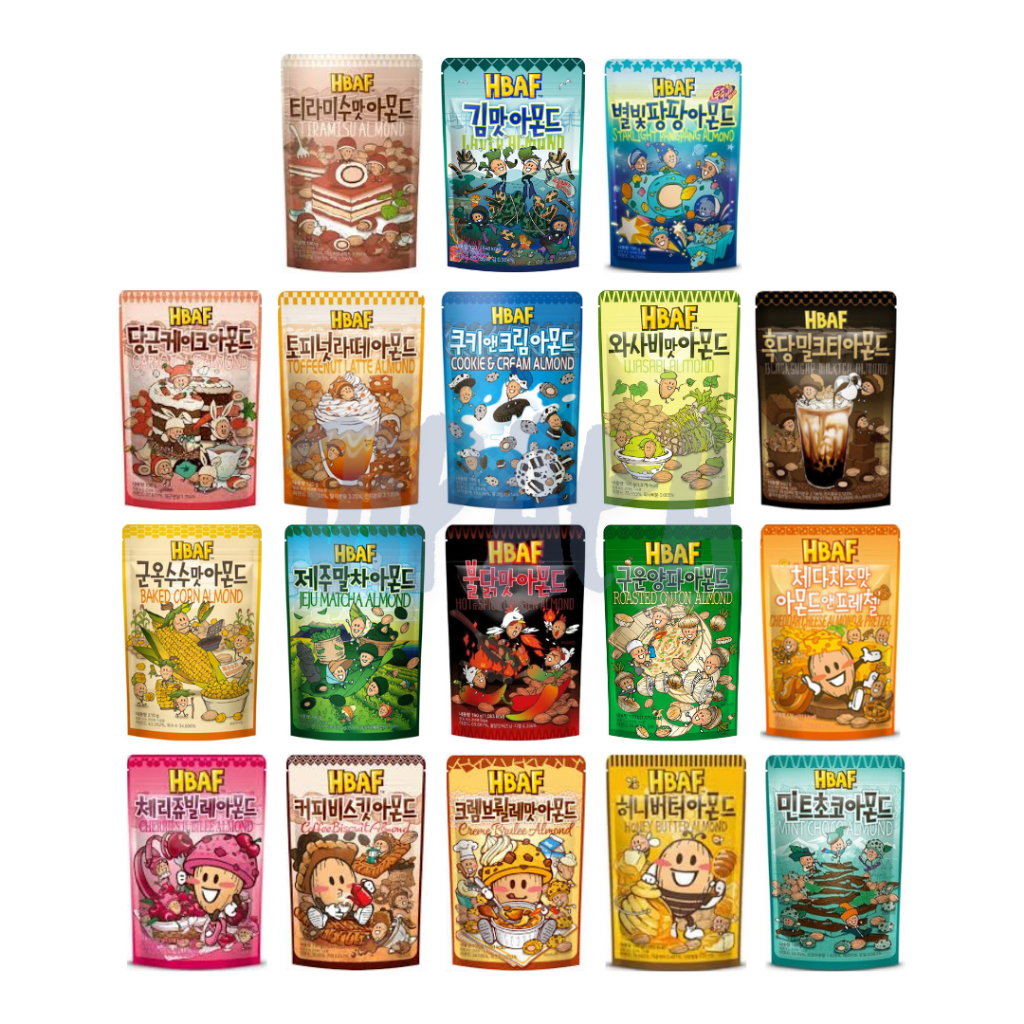 HBAF Almond Korea Tom’s farm มี 18 รส น้ำหนัก 170-190 กรัม มาจากประเทศเกาหลีใต้