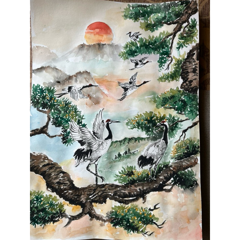 ภาพวาดนกกระเรียน ภาพวิวทิวทัศน์ ธรรมชาติ ภาพวาดสีน้ำ ขนาดA3/29.7x42 cm กระดาษร้อยปอนด์นำไปใส่กรอบเพิ่มความสวยงาม