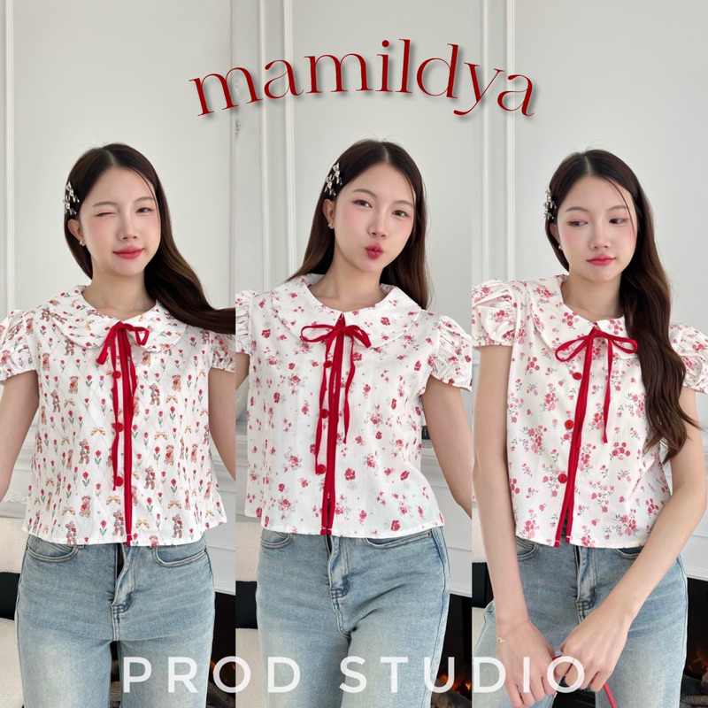 Mamildya.shop  เสื้อคอบัวแต่งสายกุ้นขอบ ตัดสี กระดุมใช้งานได้จริง/ O1-5 // PROD-ริมแดง⚫️
