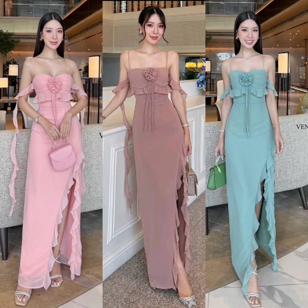 ร้านโค้ดคุ้ม VENICE ชุดเดรสสายเดี่ยว แต่งดอกไม้ ชมพู เขียว ใส่ออกงาน งานแต่ง ดินเนอร์ เพื่อนเจ้าสาว