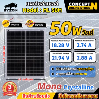 แผงโซล่าเซลล์ BYZON 18V 10W 20W 30W 40W 50W MONO พร้อมสายคีบแบต Solar Cell โซล่าเซลล์ Solar Panel กันน้ำ ประกัน 3 เดือน